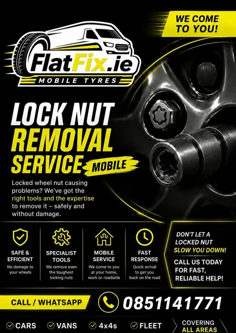 FlatFix.ie lock nut removal Dublin service flyer — mobile locking wheel nut removal with no wheel damage