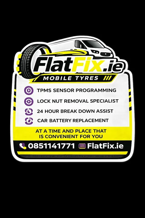 FlatFix.ie services sticker listing TPMS programming, lock nut removal, 24 hour breakdown assist and battery replacement