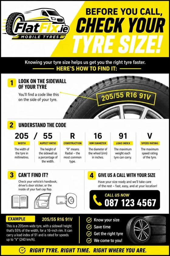 FlatFix.ie tyre size guide infographic explaining how to read the tyre size code 205/55 R16 91V on your tyre sidewall
