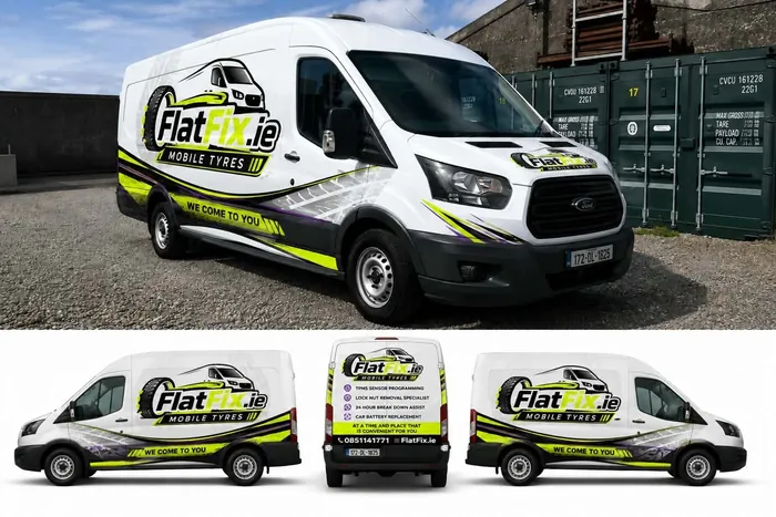 FlatFix.ie branded Ford Transit mobile tyre fitting van with full livery, based in Ballinteer, Dublin